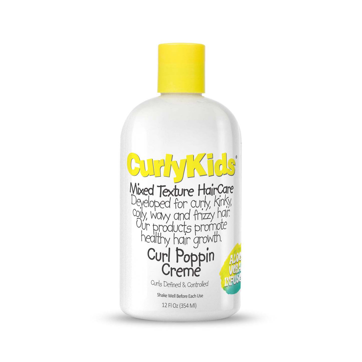 Curly Kids Curl Poppin Creme bottle with yellow cap on a white background