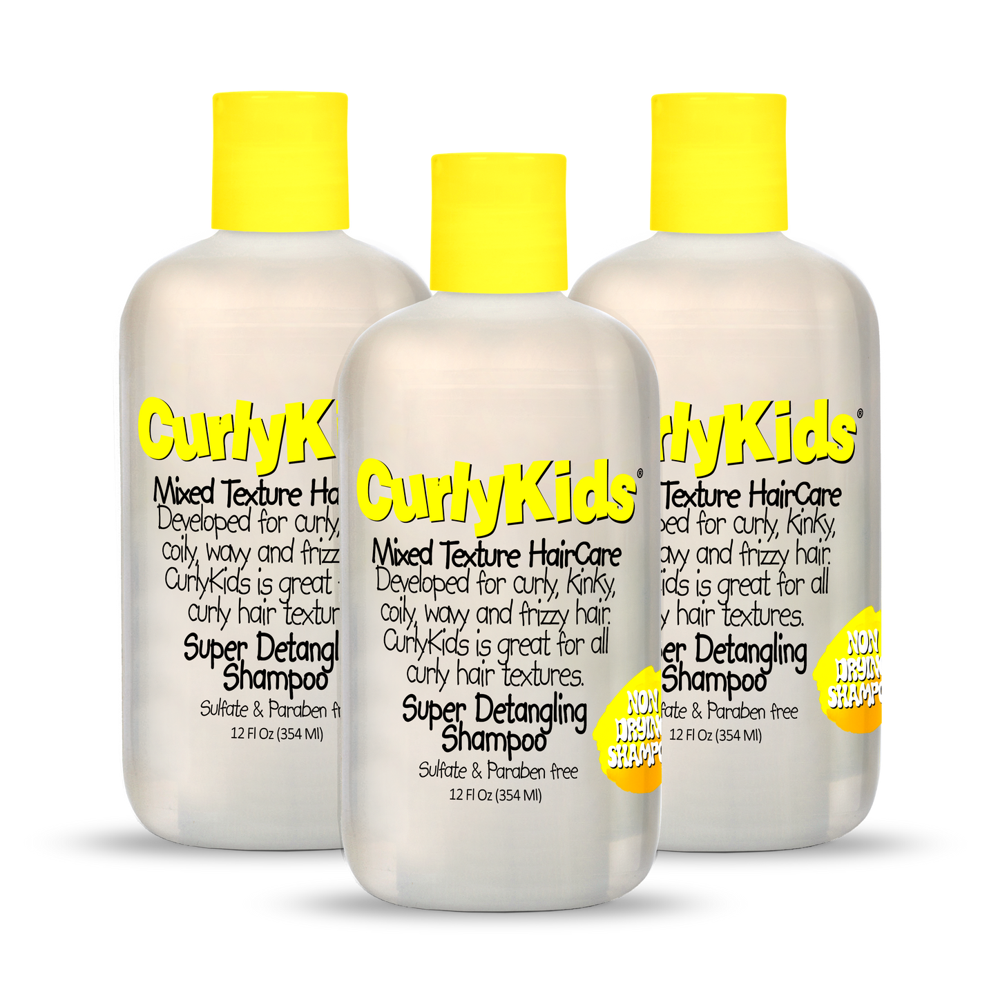 Three bottles of Curly Kids shampoo with yellow caps on a white background