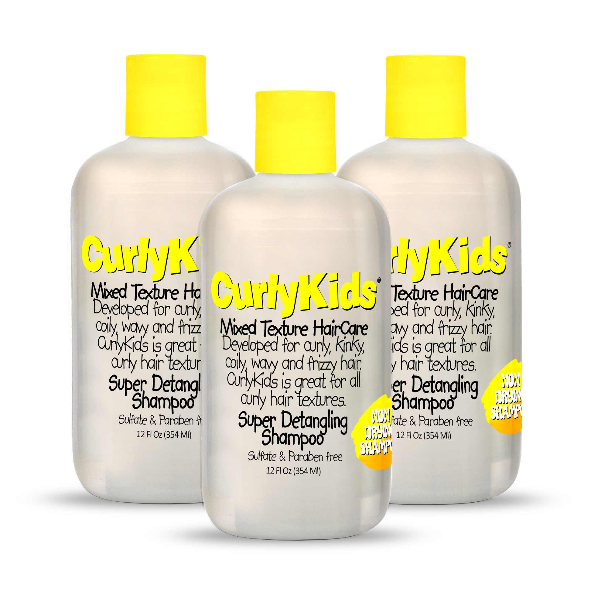 Three bottles of Curly Kids shampoo with yellow caps on a white background
