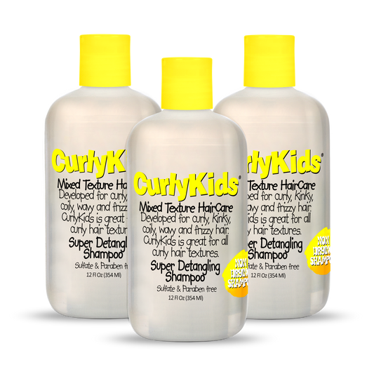 Three bottles of Curly Kids shampoo with yellow caps on a white background