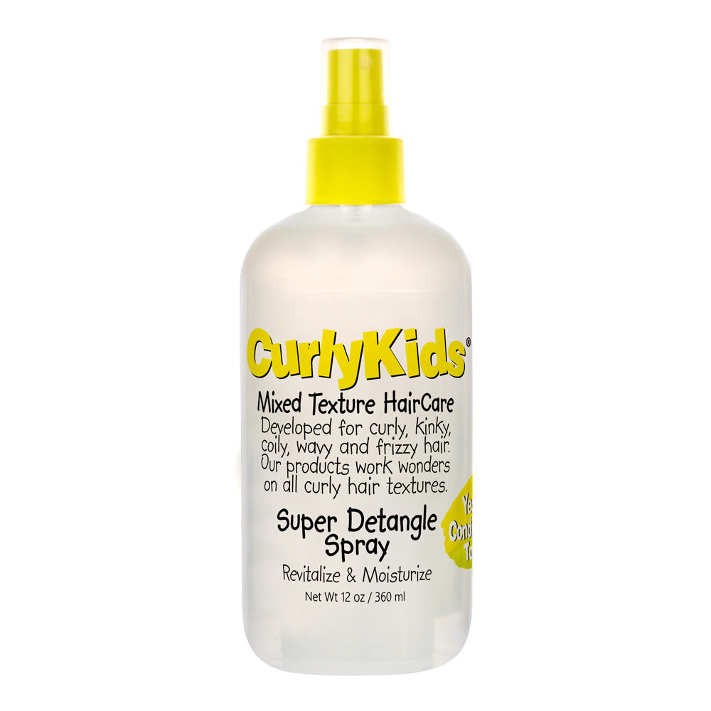 Bottle of Curly Kids Super Detangle Spray on a white background