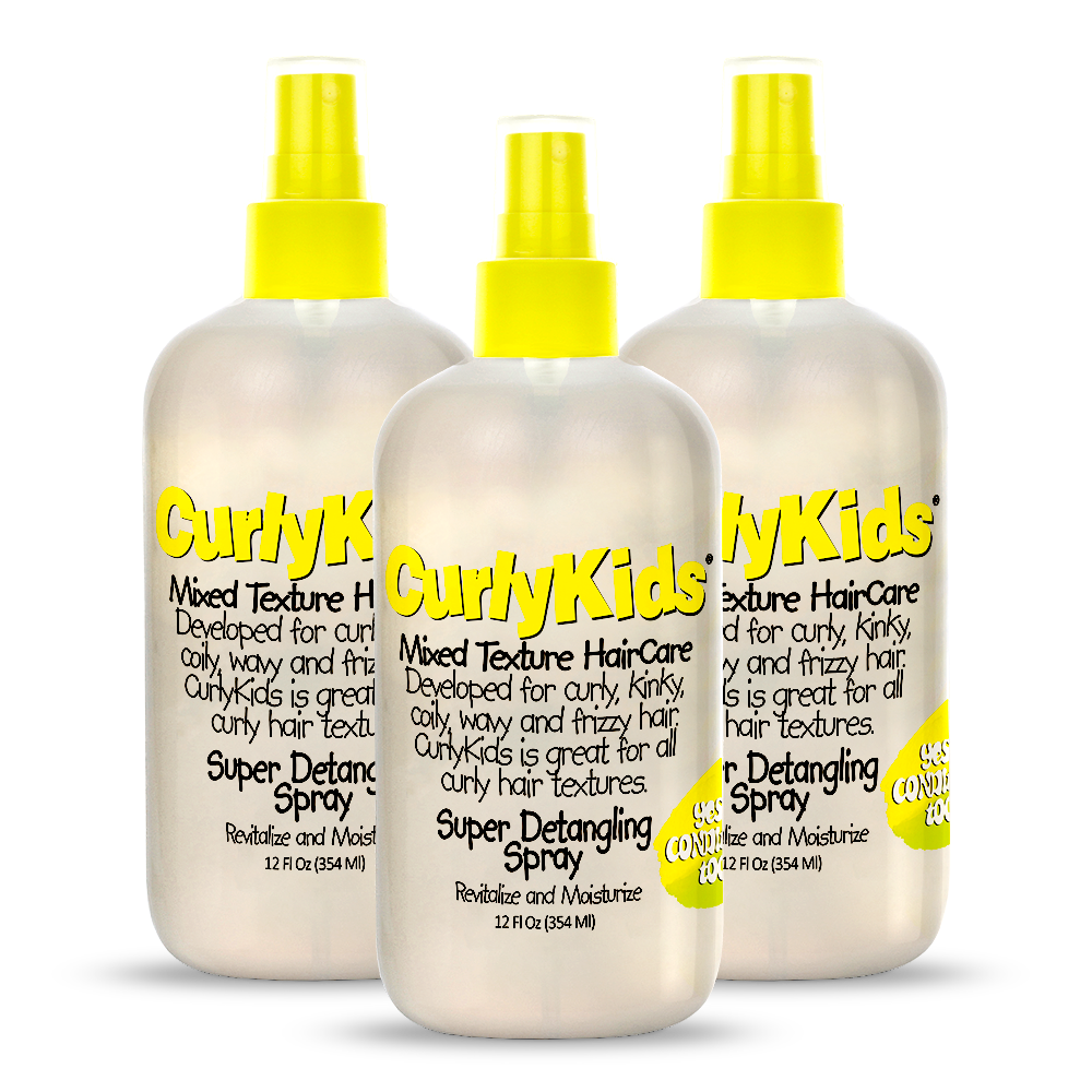Three bottles of Curly Kids Super Detangling Spray on a white background