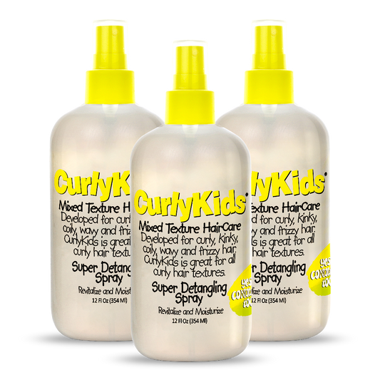 Three bottles of Curly Kids Super Detangling Spray on a white background