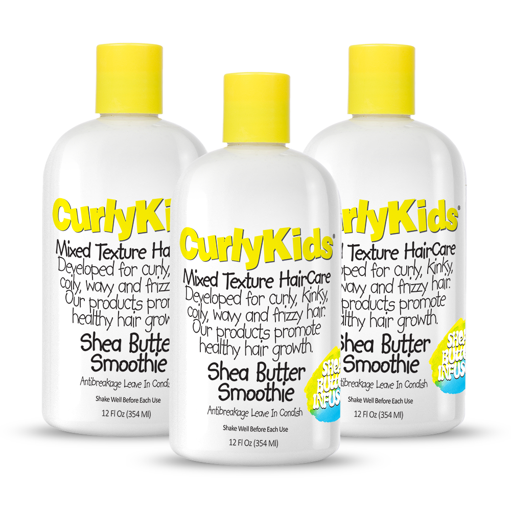 Three bottles of Curly Kids Shea Butter Smoothie on a white background