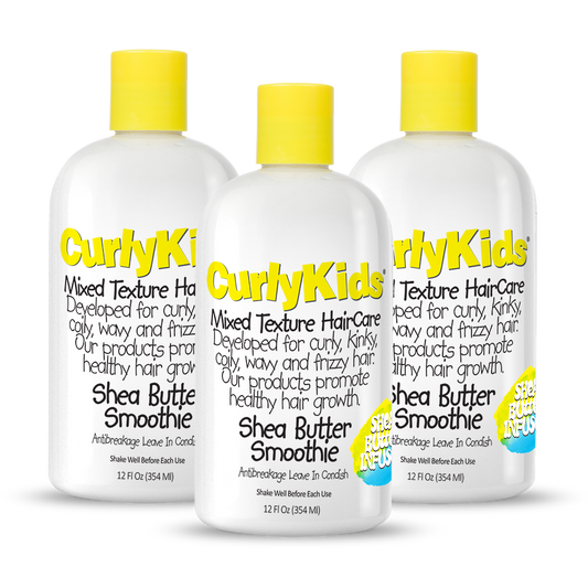 Three bottles of Curly Kids Shea Butter Smoothie on a white background