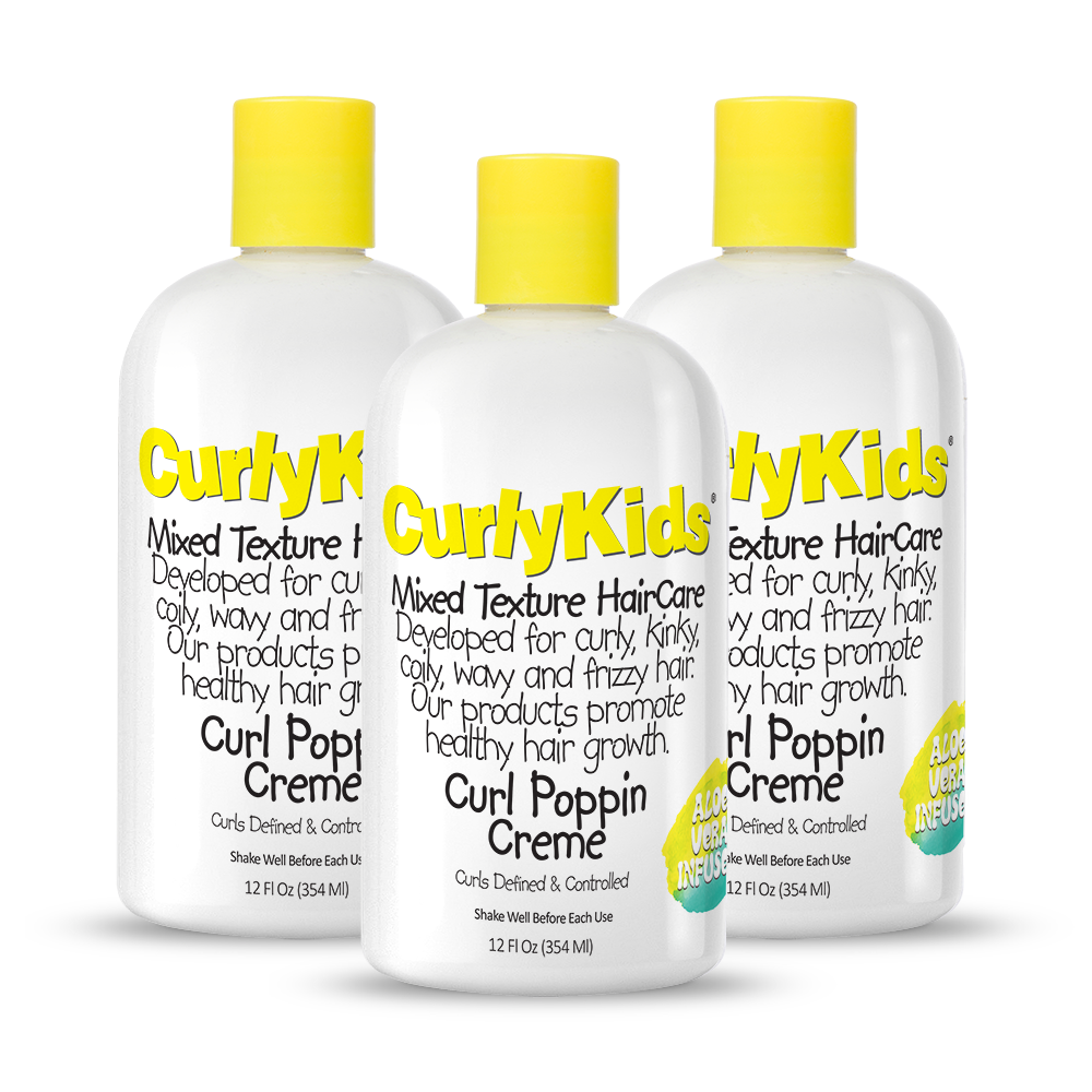 Three bottles of Curly Kids Curl Poppin Creme with yellow caps on a white background