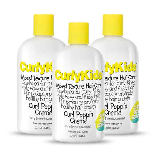 Three bottles of Curly Kids Curl Poppin Creme with yellow caps on a white background
